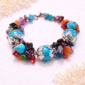 Multi Color Gemstone Chip and Blue Bead Bracelet